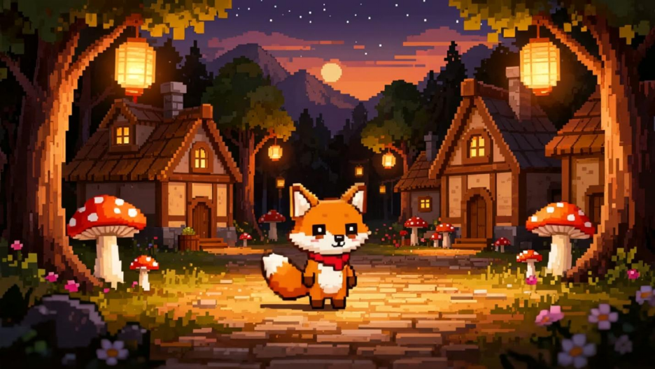 An original 16-bit village image with a cut little fox for AI image-to-video generation